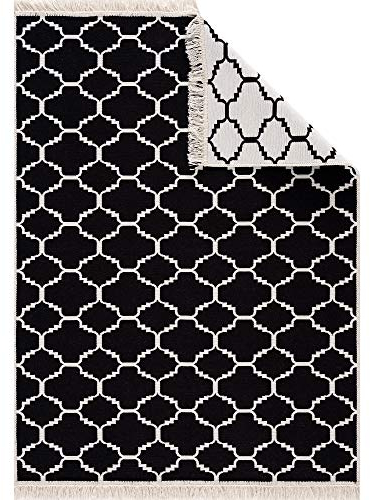 Fashion4Home Teppich Läufer - Tepiche für Wohnzimmer, Schlafzimmer, Küche, Kinderzimmer, Badezimmer - Boho Kelim - Läufer Flur, Schwarz-Creme, Größe: 80x150 cm