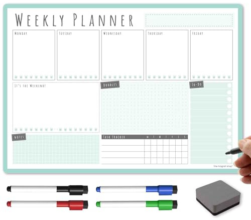 TMS A3 Wochenplaner Whiteboard | Magnetischer Kalender für Kühlschrank und trocken abwischbare Stifte | Mahlzeit- oder Familienplaner für Küche (Mint, A3-Wochen)