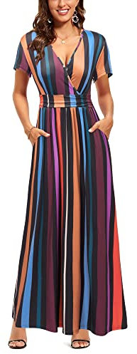 OUGES Women's Summer Casual V Neck Short Sleeve Floral Pattern Wrap Ladies Maxi Long Dress with Pockets(Floral-41,L)