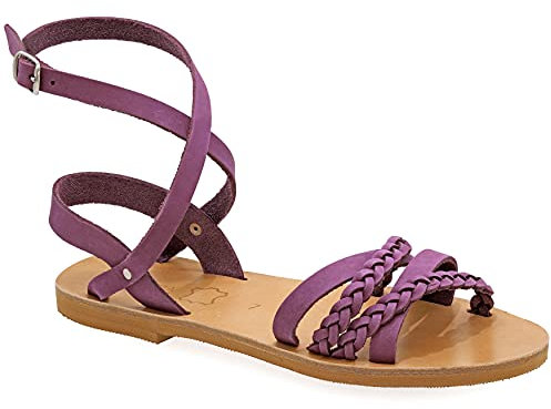 Sandali regolabili antichi di Emmanuela con fibbie, sandali piatti fatti a mano con dita aperta in pelle, cuffie di caviglia scarpe estive per le donne, viola, 36 EU