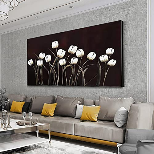 Jianghu Art Große Leinwand Malerei Weiße Tulpe Blume Malerei Morden Schwarz Wandkunst für Wohnzimmer Dekoration Ölbild 30x72cm Kein Rahmen