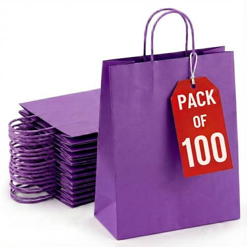 Kids Party Bags - 100Pcs Wrinkle Free Paper Party Bags with Twisted Handles - Purple Party Bags, 100gsm Strong Recyclable Gift & Kraft Bags for Birthdays & Baby Showers 24×18×8cm
