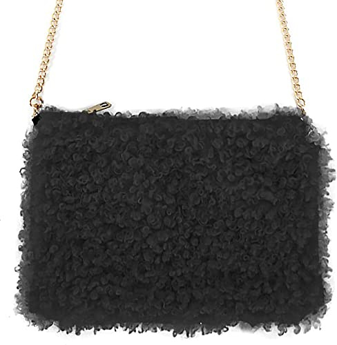 Goldschmidt Kostüme Plüschtasche Fasching Karneval | Umhängetasche Kunstfell Kostümtasche | Plüsch Tierfellmuster (schwarz gelockt)