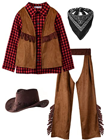 ReliBeauty Cowboy Kostüm Kinder mit Cowboyhut Bandana Halstuch, Rot, 100