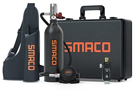 SMACO Mini Bouteille de Plongée Kit 1L Réservoirs de Plongée Support Jusqu'à 20 Minutes Respiration équipement Réservoir d'oxygène de Plongée pour Travail sous-Marin/Bouteille de Rechange, Forfait B