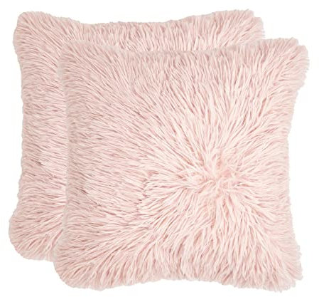 Sienna Set of 2 Faux Mongolian Fur Pack Shaggy Cushion Covers 45 x 45 cm Textured Reversible Fleece Chair Sofa, 18 x 18 - Blush Pink