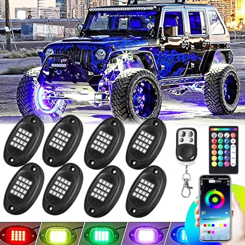 RGB LED Rock Lights Kit, 8 Pods Rock Light for Jeeps Truck Golf Cart ATV UTV RZR SUV Offroad Pickup, Waterproof Multicolor Underglow Kit with APP Remote Control Music Neon Vehicle Underbody Light 12V
