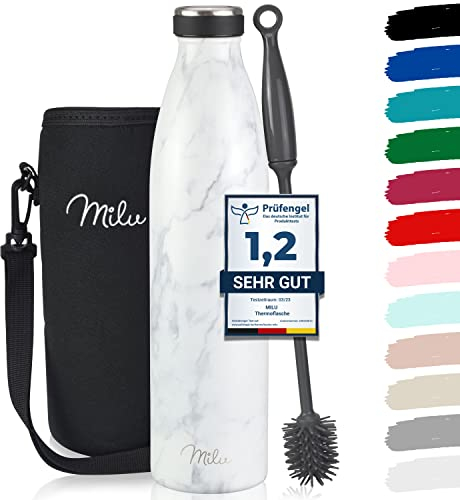 Milu - Thermo in acciaio inox da 350/500/750/1000ml/1,5L borraccia termica, a prova di perdite, a doppia parete, adatta per bevande gassate, con spazzola per la pulizia (Marmo, 1L)