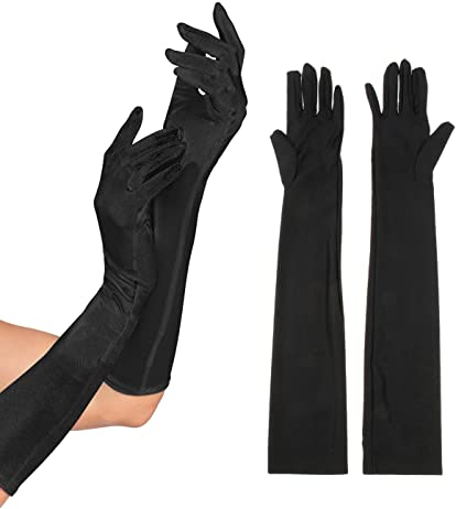 LICHUANUK Schwarze Lange Handschuhe Damen, 20er Jahre Satin Ellenbogen Lang, Hochzeit Kostüm Opern 1920er Abendhandschuhe