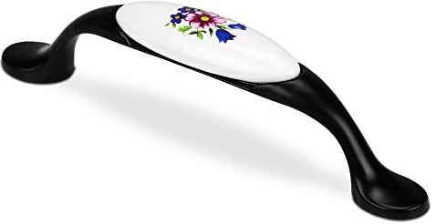 Mavö Mölbelgriff Schrankgriff Porzellan Blume Griff Schubladengriff Vintage Lochabstand, Griff für Möbel 96mm Marina.5 (Schwarz)