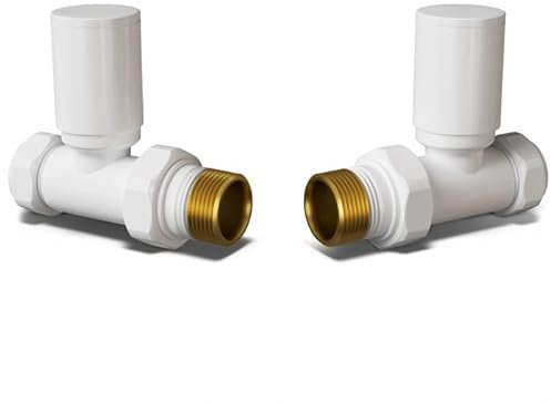 UK Radiators Round White Radiator Valve - White Gloss Finish - Classy and Modern Design - 1/2 x 15mm Straight Radiator Valve - Pair