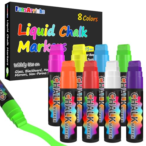 FansArriche Rotuladores Tiza Liquida - 8 Colores 15mm Jumbo, Rotuladores Cristal Borrable para Pizarra Negra, Pizarra de Tiza, Cristal de Ventana, Tablero de Menú