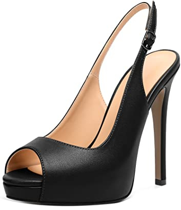 YODEKS Black Peep Toe Heels for Women Open Toe Slingback High Heels Pumps Buckle Strap Platform Stiletto Pump Shoes Wedding Dressy Party Wearing Size 9.5