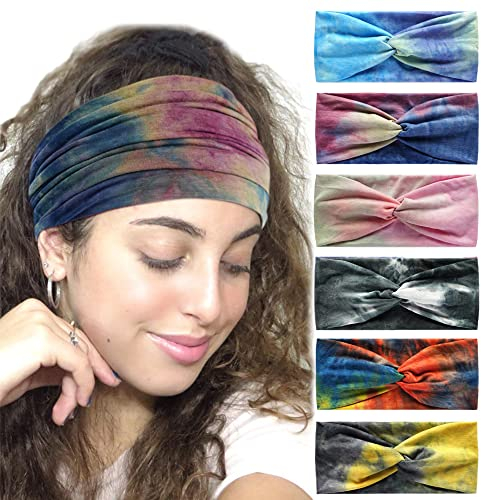 6Stück Bandana Stirnbänder für Frauen breite wellige Kopftuch Boho Kopftücher Wraps Turban Stoff elastische Stirnband Yoga Haarbänder Sport Laufen Kopftücher