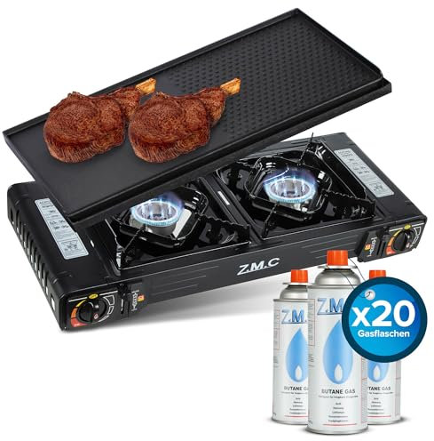 Z.M.C Premium Camping Gaskocher 2-flammig + Grillplatte + 20 Gaskartuschen 227g, Campingkocher mit Transportkoffer für Outdoor und Innenraum, Balkon Kocher Doppelgaskocher mit Piezozündung
