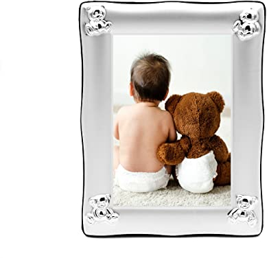 Brillibrum Design Baby Bilderrahmen versilbert Taufgeschenk Fotorahmen Bär Motiv Kinder Bilderrahmen zur Geburt Rahmen versilbert (Ohne Gravur)