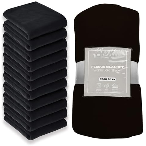 Dreamscene Wholesale 10 x Fleece Blanket Black Throw, Soft Cosy Warm Throws for Sofas Bed Couch Settee Throws Joblot Outdoor Travel Blanket Multipack King Size Bed Throw, 200 x 240cm