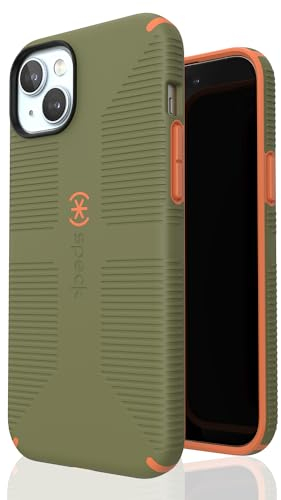 Speck iPhone 15 Plus Hülle - Gebaut für MagSafe, Fallschutzgriff - für iPhone 15 Plus iPhone 14 Plus - Kratzfest, Soft Touch, 6,7 Zoll Handyhülle - CandyShell Grip Bush Green/Pumpkin Pie