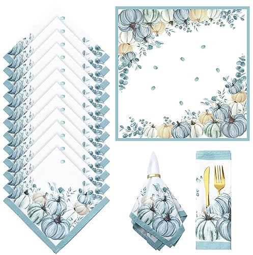 Qeeenar 12 Stück Herbst-Stoffservietten, 50,8 cm, Kürbis-Papierservietten, Erntedankfest, Herbsternte, blauer Kürbis, Büffel, kariert, Party, Abendessen, Dekoration, waschbare Servietten