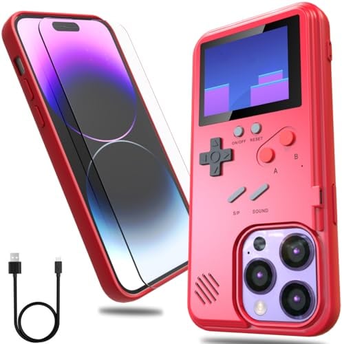 DOCOBOLO Gameboy Phone Case for iPhone 14 Pro with Tempered Glass Phone Screen Protector,Full Color Display 36 Retro Classic Games, Protective Cover Self-Powered (Red)