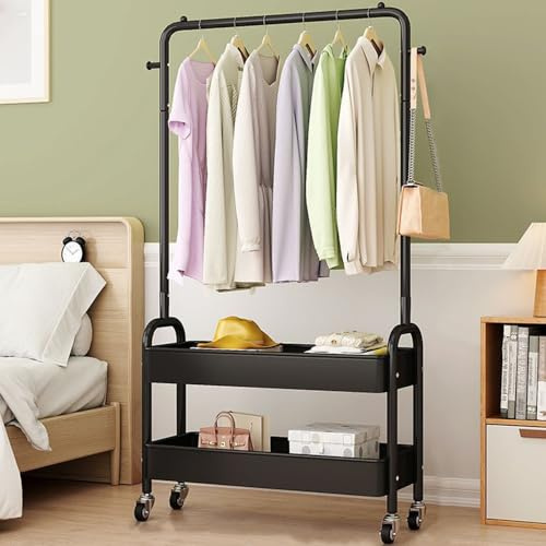 Clothes Rack Metal Clothes Rail Coat rack for bedroom Heavy Duty Clothing Rack Garment Rack 2-Tier Storage Shelves with small wheels Organiser Clothes 68cm Width - Space-Saving Organizer (Black)