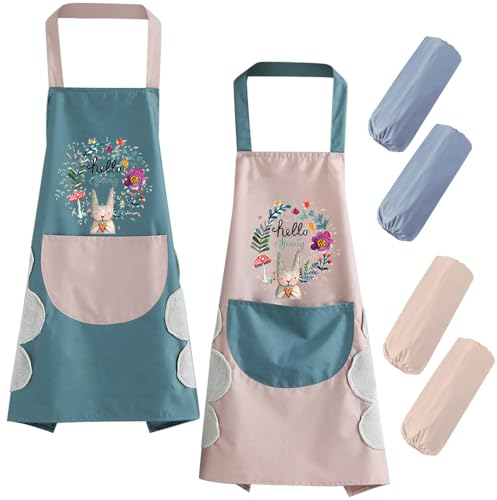 QINERSAW Delantal de Cocina PVC Impermeable para Adultos - Delantal de Pintura y Limpieza para Mujeres Con 2 Pares de Puños