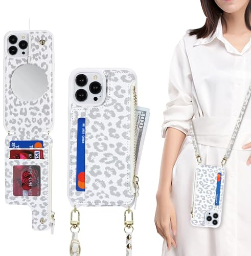 SailorTech for iPhone 12/12 Pro Case with Credit Card Holder magsafe, iPhone 12/12 Pro Phone Leather Case Wallet for Men Crossbody with mag safe Zipper Shockproof Case for Women - White Leopard
