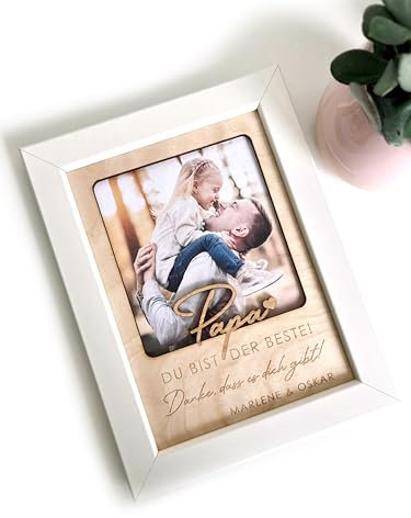 Holzbild Papa - Du bist der Beste! mit Gravur & Bilderrahmen | Personalisiertes Geschenk für Papa | Vatertagsgeschenk mit Foto | Handgemacht in Deutschland | Geschenkidee Geburtstag, Weihnachten