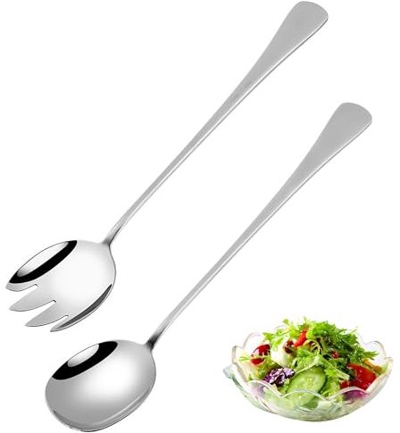 worahroe Juego de cubiertos para ensalada de 28 cm, acero inoxidable, 2 cucharas grandes, tenedor de ensalada, cuchara de acero inoxidable con asas largas, utensilios de cocina para la familia,