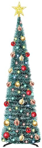 WINOK 5 FT Collapsible Artificial Christmas Tree, Pop Up Tree with Color Lights, Tinsel Christmas Tree with Tree Star and Baubles for Xmas Holiday Home Decoration (Blue)