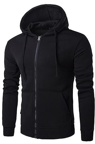Felpa con cappuccio da uomo con cerniera, leggera e sportiva, con coulisse, in tinta unita, casual, a maniche lunghe, elasticizzata, comoda, da lavoro, con tasca, Nero , M