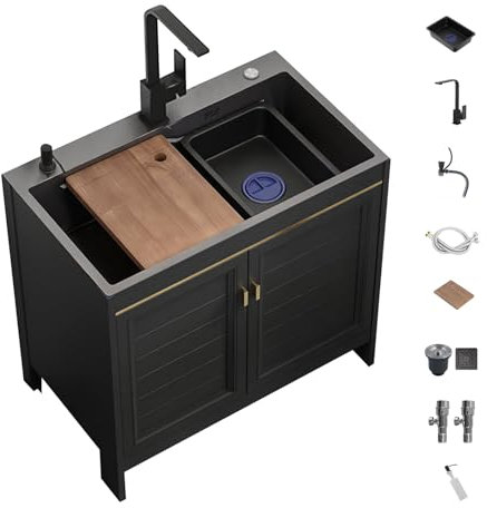 Fregadero Exterior Jardin Acero Inoxidable Fregaderos de Cocina con Armarios de Almacenamiento Fregadero Portatil con Grifo y Escurridor Para Restaurantes,Garajes,Lavanderías(68x45cm/26.7x17.7in)