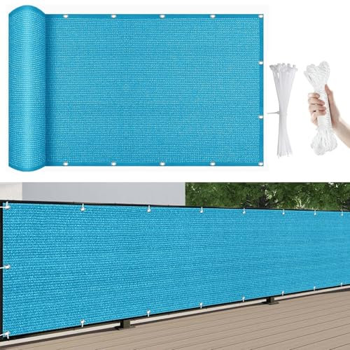 Bâche de Balcon Brise-Vue 150 x 200 cm Nombreuses Tailleset Couleurs, Toile de Balcon, Ecran de Protection, avec Attaches de Câble, pour Piscine, Patio, Bleu Ciel