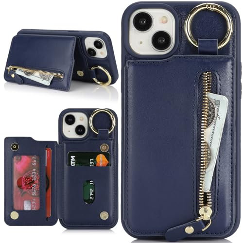 Zouzt Case for iPhone 15 Plus and iPhone 14 Plus 6.7 Inch, Wallet Case with Credit Card Holder Slot, Premium PU Leather Key Ring Zipper Shockproof Protective Phone Cover for Men Women - Blue