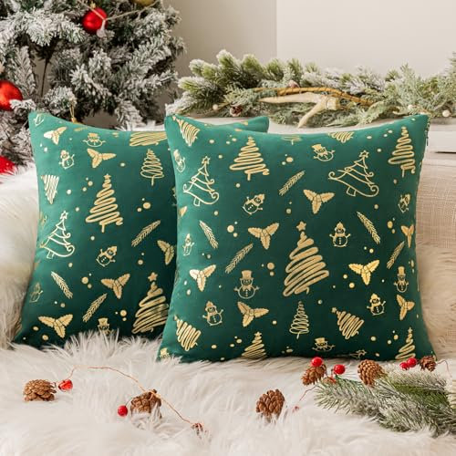Softalker Kissenbezug 40x40 Weihnachten Grün Gold Samt Kissenbezüge Kissenhülle Sofakissen Couchkissen Dekokissen 2er Set Weihnachtsdeko für Wohnzimmer Sofa Schlafzimmer Esszimmer Stuhl Kinderzimmer