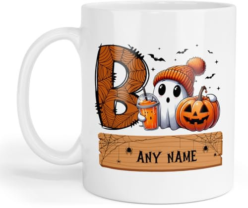GOATINTHECOAT Personalised Halloween Boo Ceramic Mug, Add Any Name, Fun Kids Halloween Mug (Orange)