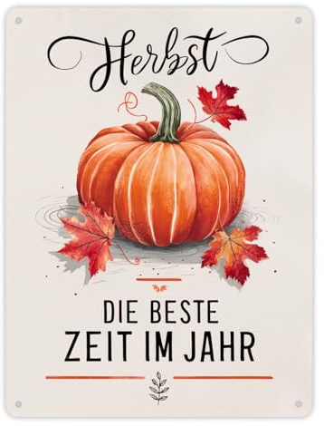 Herbst, die Beste Zeit Metallschild XL in 21x28 cm mit Kürbismotiv Perfekt für den Herbst Illustration in Rottönen und Orange mit Kürbis und Herbstblättern in eleganter
