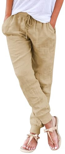 Hose Damen Sommer Casual Baumwolle Leinen Stoffhose Freizeithose Stretch Leinenhose Straight Leg Hose und Taschen (Z Khaki, XXL)