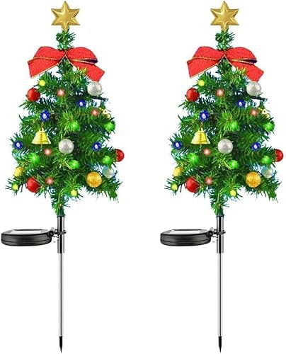 Irsnianianfa 2 Set Solar Christmas Tree & Pathway Lights,Solar Christmas Lights Outdoor with LED,Waterproof Outdoor Decor with Bow & Bell