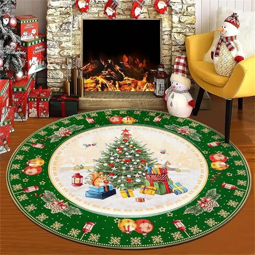Chickwin Weihnachtsteppich Rund, Wohnzimmer Weihnachtsmatte Schlafzimmer Rutschfest für Dekoration (Durchmesser 100cm, Frohe Weihnachten F)