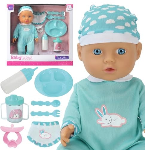 Baby Doll Feeding Gift Set - 30cm Baby Boy or Girl Care Doll with Feeding Bottle & Accessories for Imaginative & Pretend Play – Kids Doll Play Set for Christmas & Birthday - Pink or Blue (Blue)