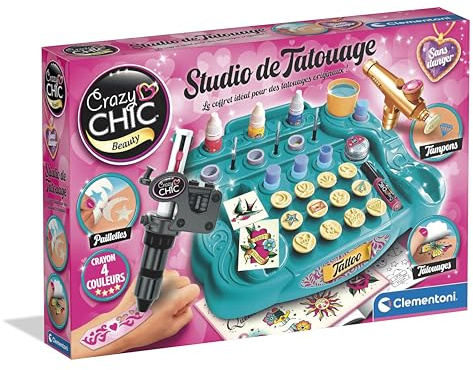 Clementoni | Studio de Tatouage | Machine à Tatouer Enfants 8 Ans + | Kit Complet Tattoos Temporaires | Pochoirs, Peintures Corps & Transferts | Création Facile & Sûre | Idée Cadeau créatif