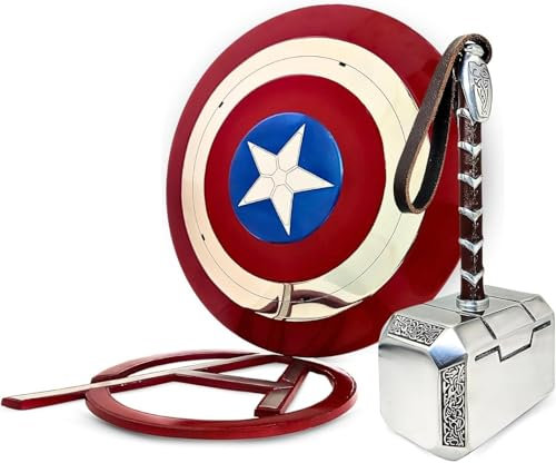 REXRYZ Capitan Americaa Shield Cosplay Prop, replica in metallo 1:1, con martello di Thor, in acciaio inox e pelle