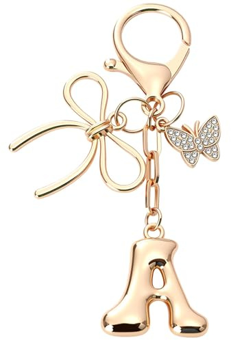 Schlüsselanhänger Buchstabe A Gold – Personalisierter Taschenanhänger Damen mit Schleife & Strasssteine, Süßer Bag Charm Gold für Handtaschen, Rucksäcke & Autoschlüssel, Damen Accessoires Geschenke