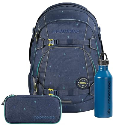 Coocazoo Schulrucksack-Set MATE „Happy Raindrops“ 3-teilig, blau, ergonomischer 30L Tornister, mit Brust- und Hüftgurt für Kinder ab der 5. Klasse, inkl. Mäppchen und Edelstahl-Trinkflasche