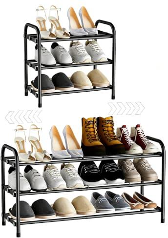 Gaethra Expandable Schuhregal, 3 Ebenen Adjustable Schuhregal Platzsparend, Metall Schuhaufbewahrung 45 to 80cm, Schuh Regal Schwarz für Diele, Schlafzimmer, Wohnzimmer