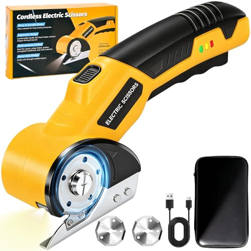 Rechargeable Electric Box Cutter with 2 Blades, High-Precision Rotary Cardboard Cutter with LED Light, Cordless Electric Scissors with Safety Lock for Cardboard, Fabric, Leather, Carpet, Plastic