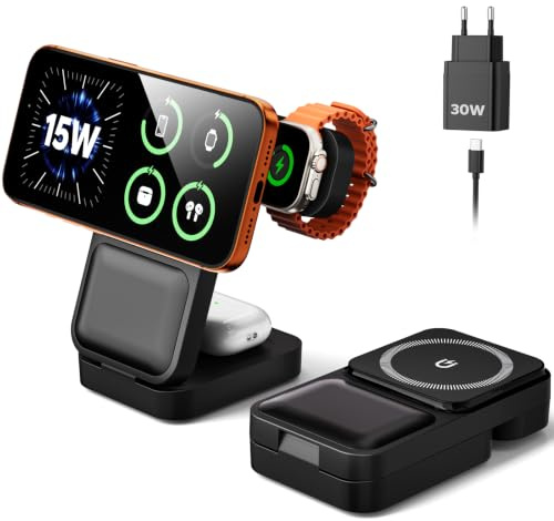 Eddibox 15W Magsafe Ladestation für Apple Watch und iPhone Faltbare mit Schnellladefunktion, 3 IN 1 Magsafe Ladegerät Reise, inkl. 30W Netzteil