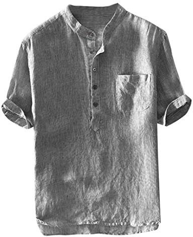 AmyGline T Shirt Herren Leinenhemd Kurzarm Stehkragen Button Down Tasche Gestreift Bluse Top Baumwolle Leinen Shirt Männer Henley Freizeithemd Sommer Hemd