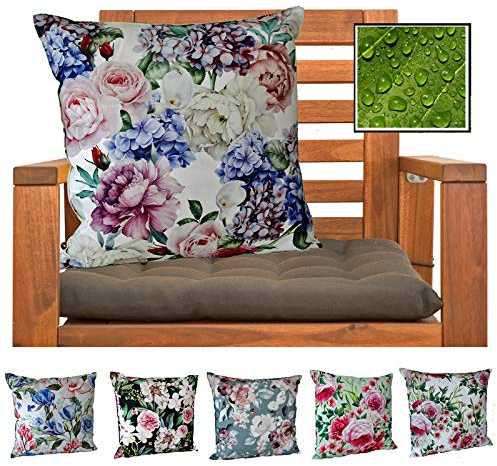 heimtexland ® Outdoorkissen Dekokissen Schmutz- und Wasserabweisend Landhaus Garten Outdoor Kissen Blumen Rosé Grün Typ675
